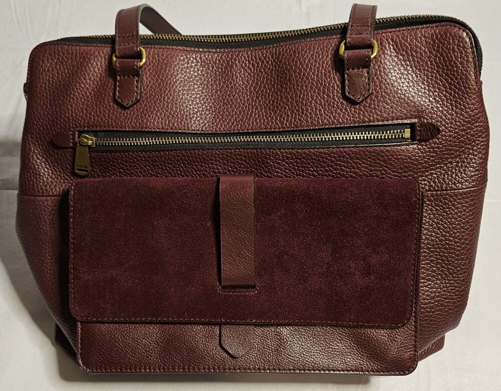 Fossil Kinley Shopper Tote Claret Red Leather Suede Large Shoulder Bag Purse